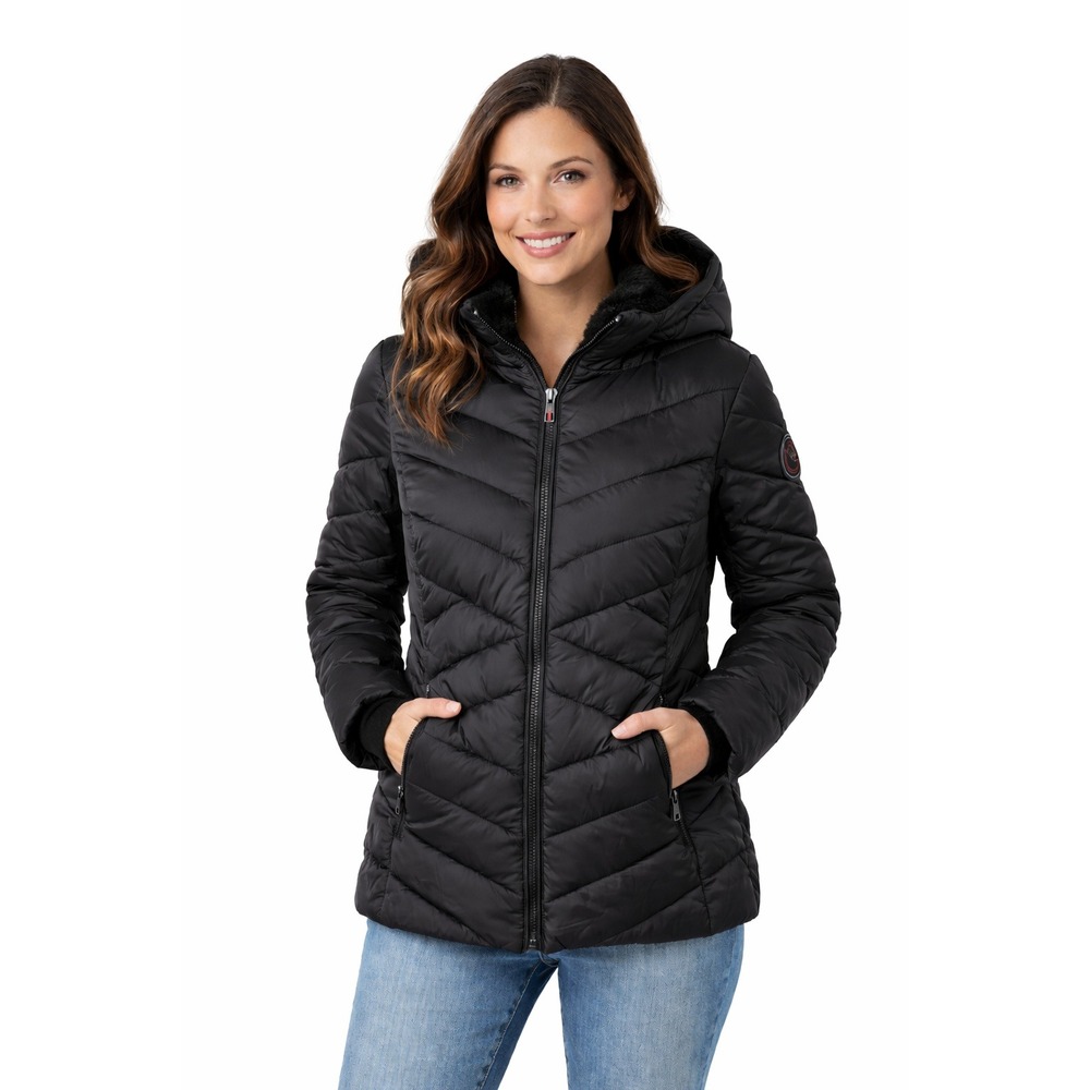HFX Performance Black Quilted‎ Hooded Puffer Jacket Faux Fur Trim Women's XL
